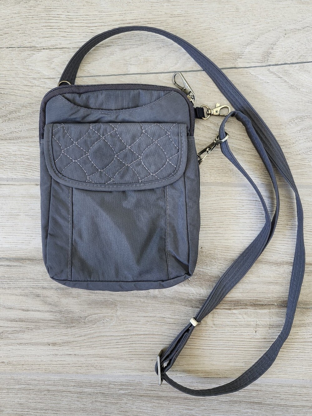 Travelon Anti-Theft Quilted Grey Slim Pouch Crossbody Bag